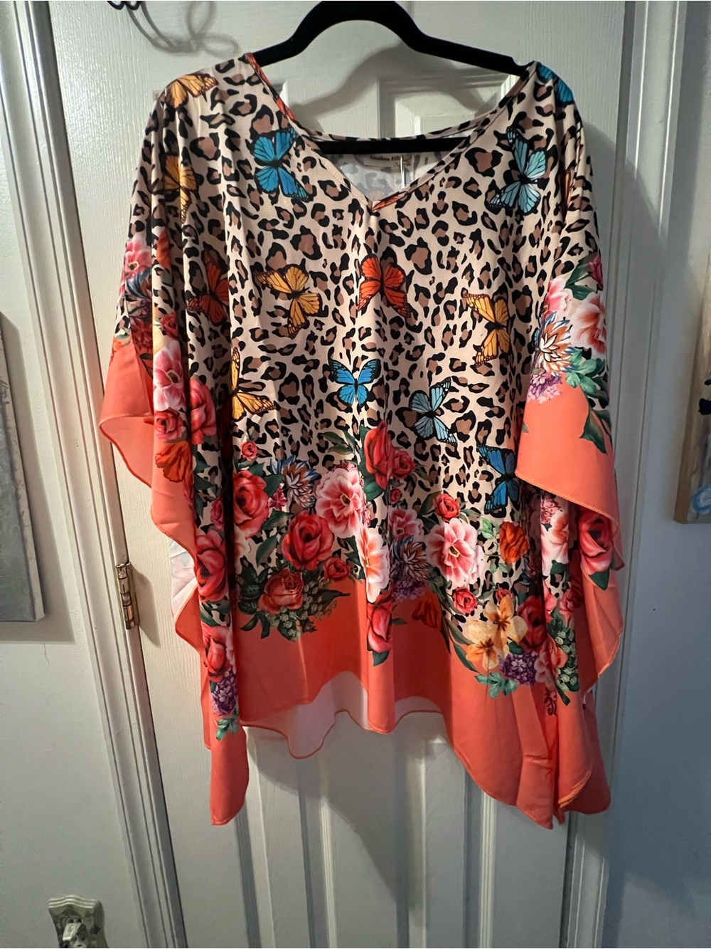 Coral Floral & Leopard Print Flowing Tunic Top